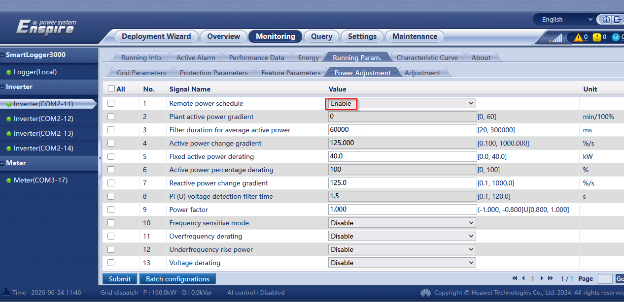 Enable Remote power schedule on each inverter