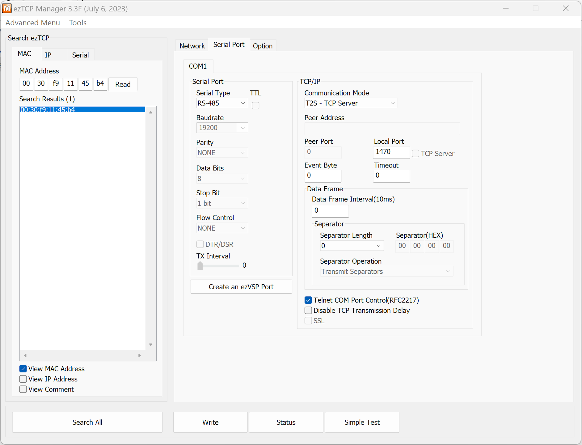 Serial Extension settings