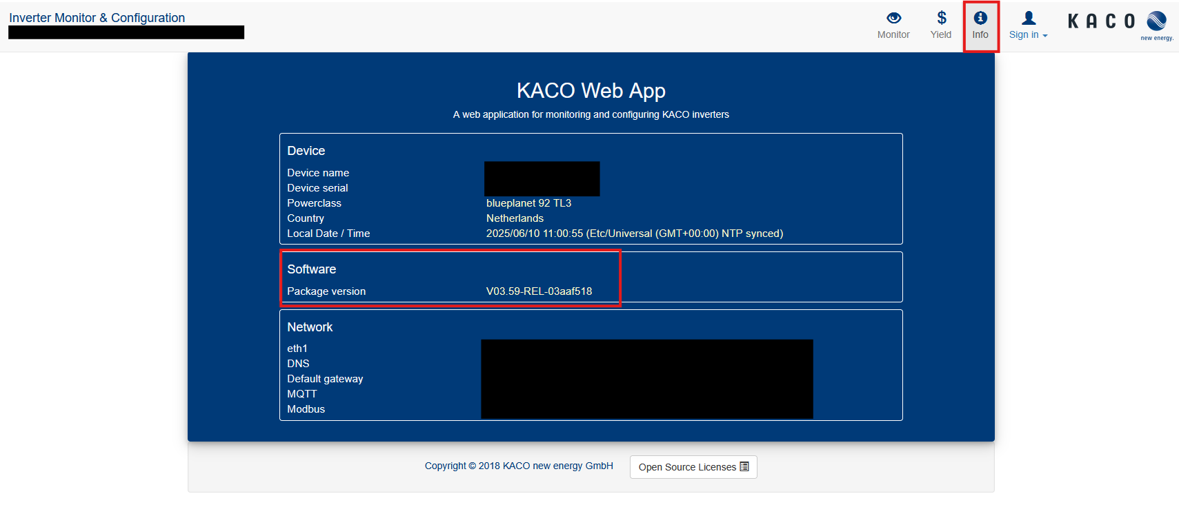 KACO software version